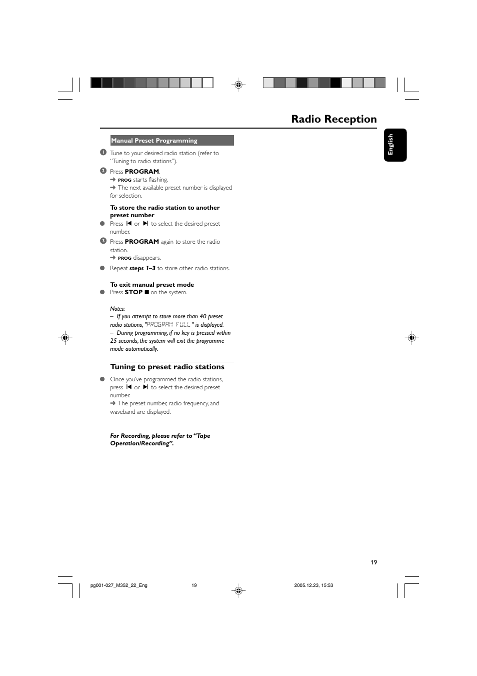 Radio reception, Tuning to preset radio stations | PYLE Audio FWM352 User Manual | Page 19 / 27