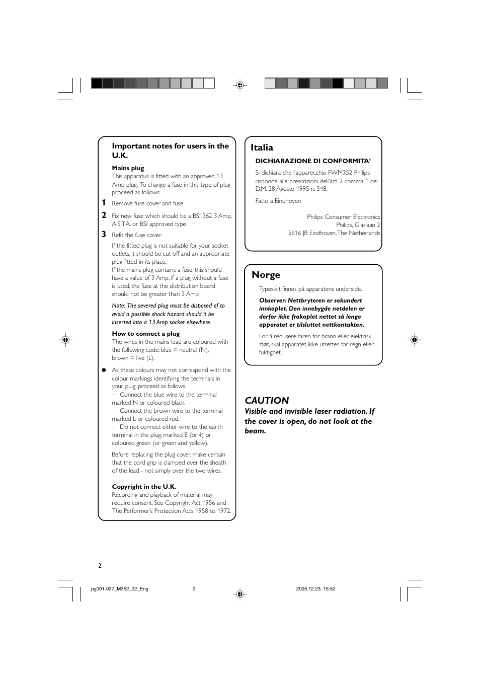 Norge, Italia, Caution | PYLE Audio FWM352 User Manual | Page 2 / 27