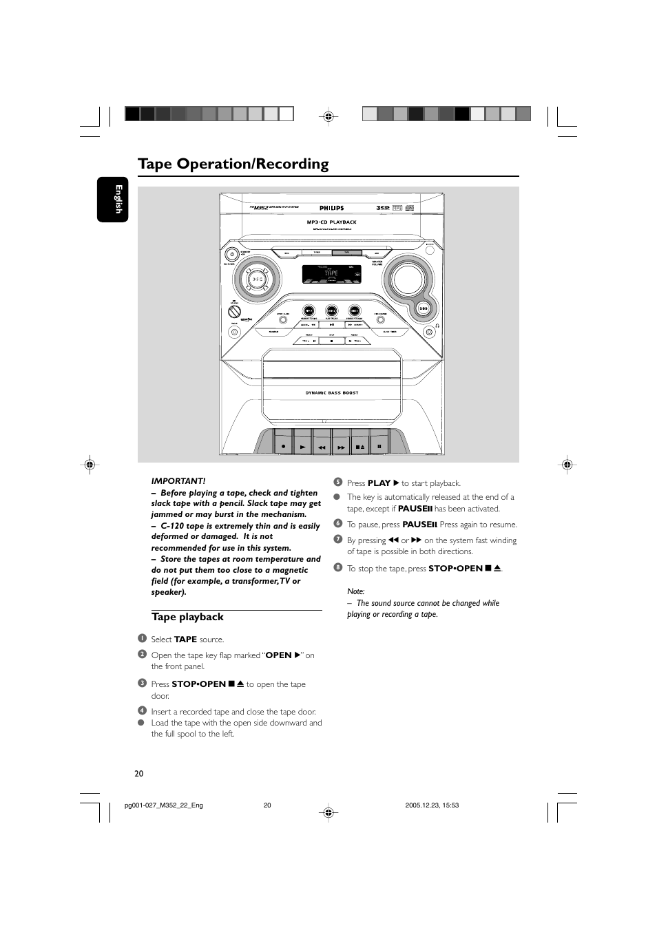 Tape operation/recording, Tape playback 1 | PYLE Audio FWM352 User Manual | Page 20 / 27