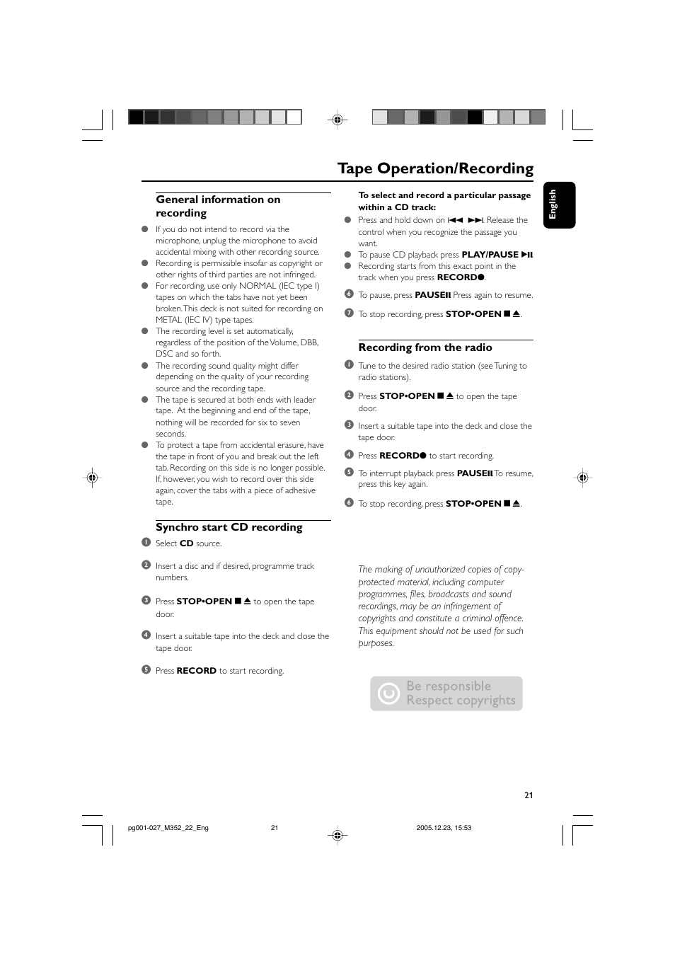 Tape operation/recording | PYLE Audio FWM352 User Manual | Page 21 / 27