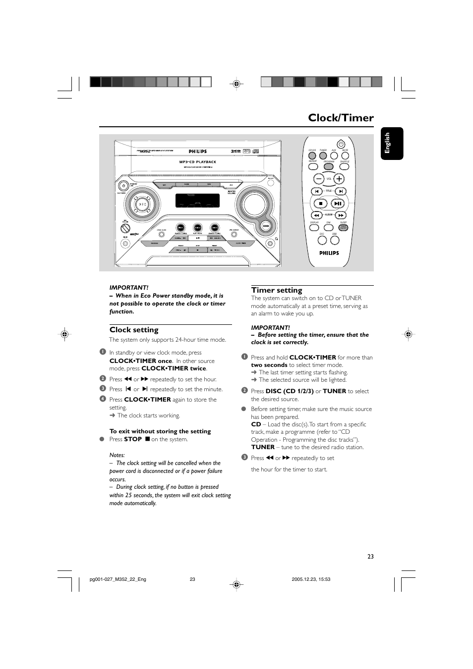 Clock/timer, Clock setting, Timer setting | PYLE Audio FWM352 User Manual | Page 23 / 27