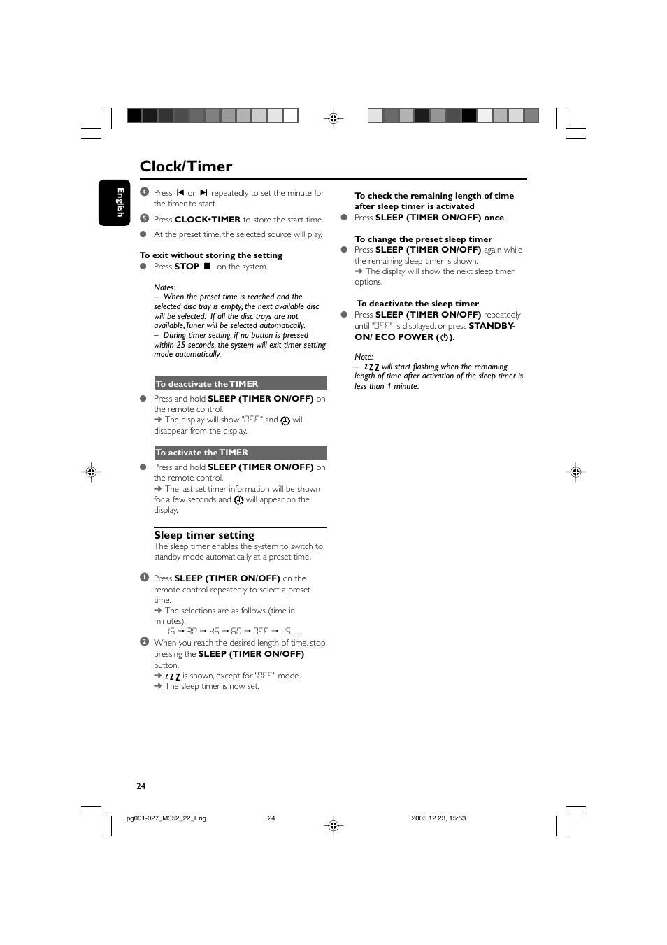 Clock/timer, Sleep timer setting | PYLE Audio FWM352 User Manual | Page 24 / 27