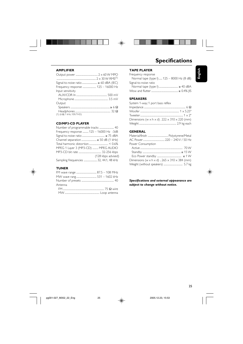 Specifications | PYLE Audio FWM352 User Manual | Page 25 / 27