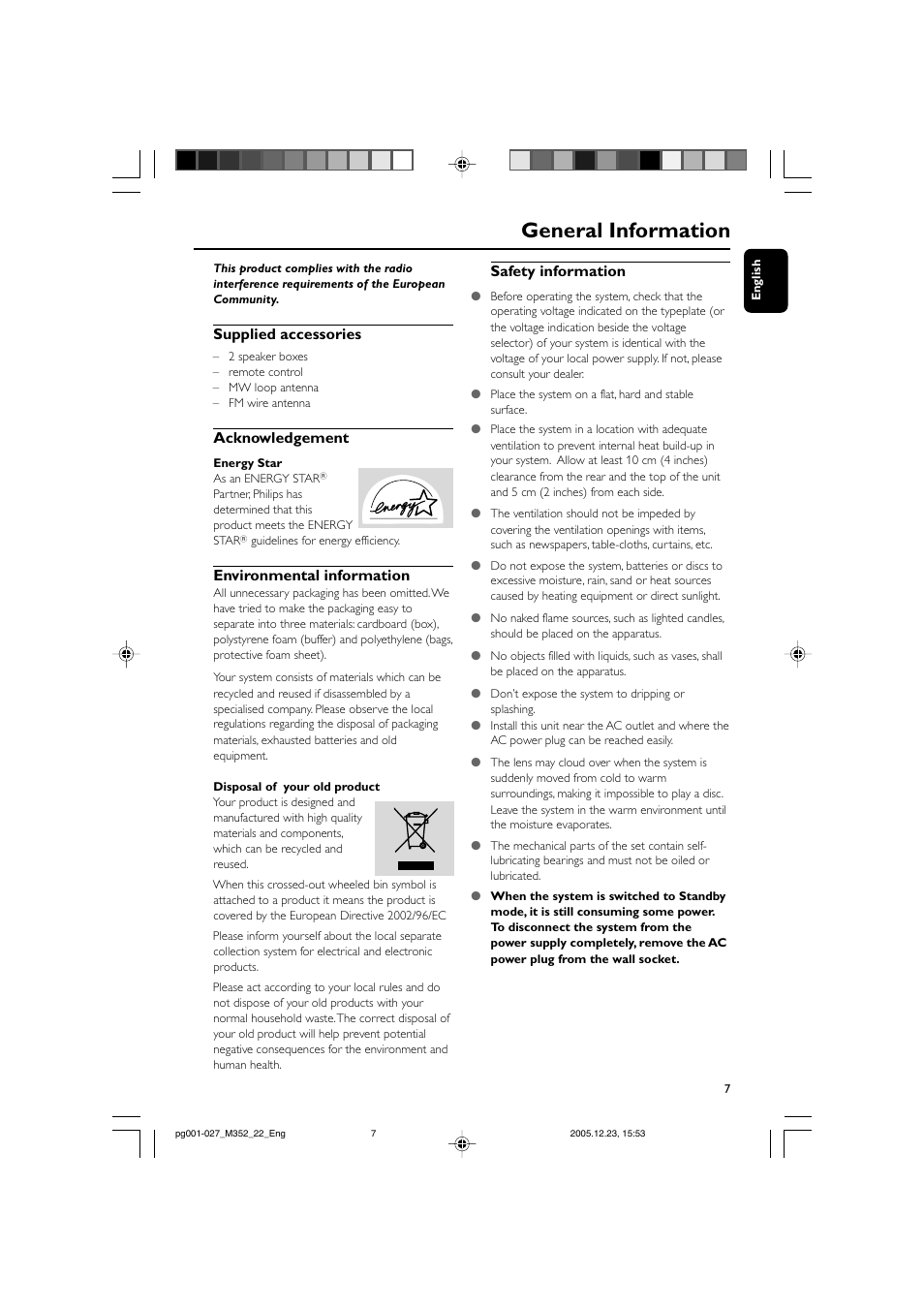 General information, Supplied accessories, Acknowledgement | Environmental information, Safety information | PYLE Audio FWM352 User Manual | Page 7 / 27