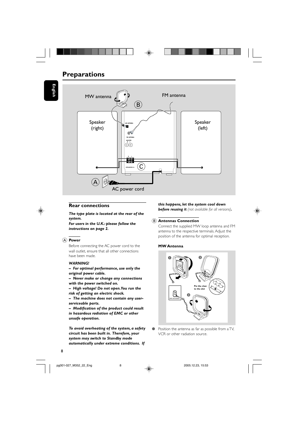Ab c, Preparations, Rear connections | PYLE Audio FWM352 User Manual | Page 8 / 27