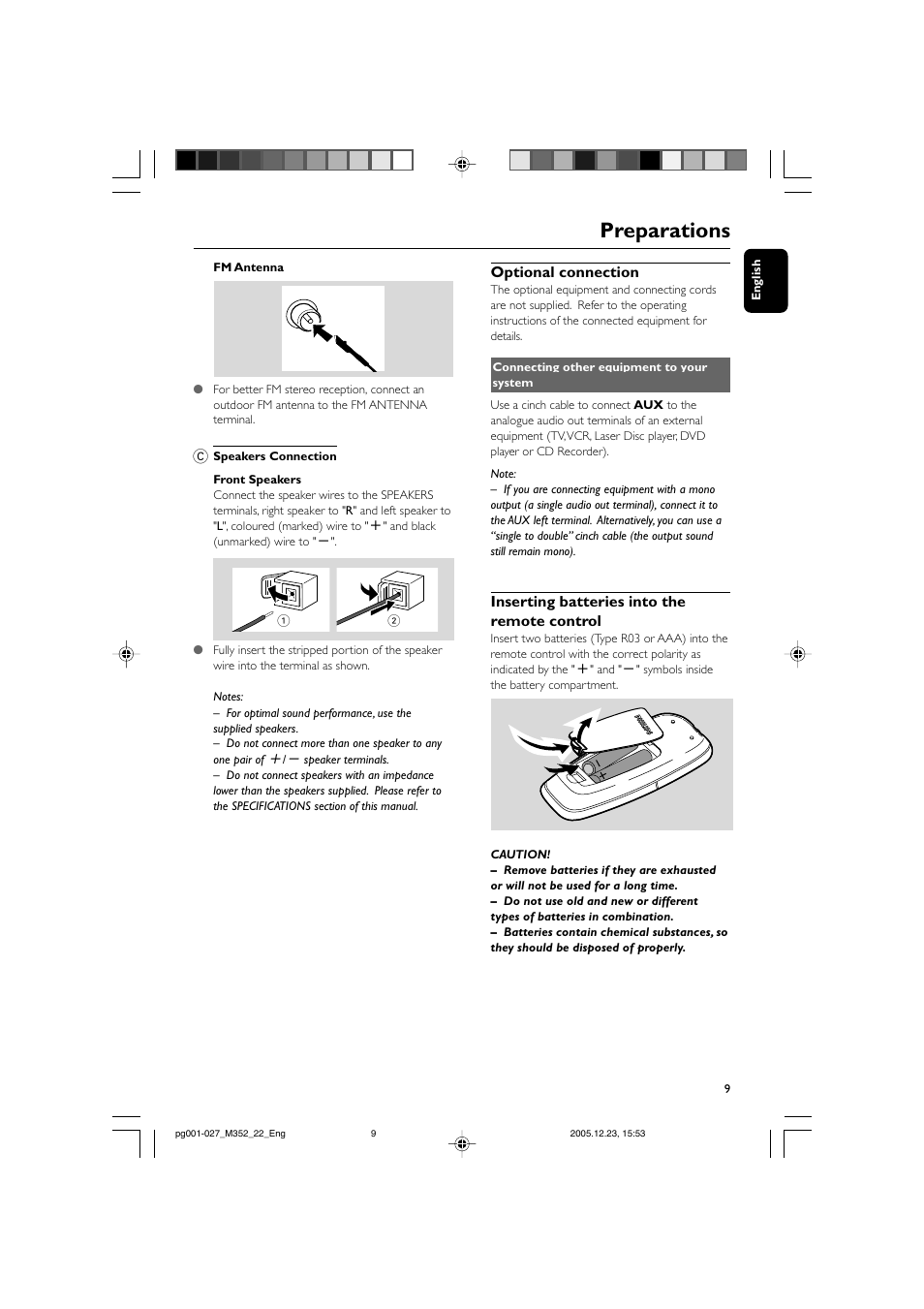 Preparations, Optional connection, Inserting batteries into the remote control | PYLE Audio FWM352 User Manual | Page 9 / 27