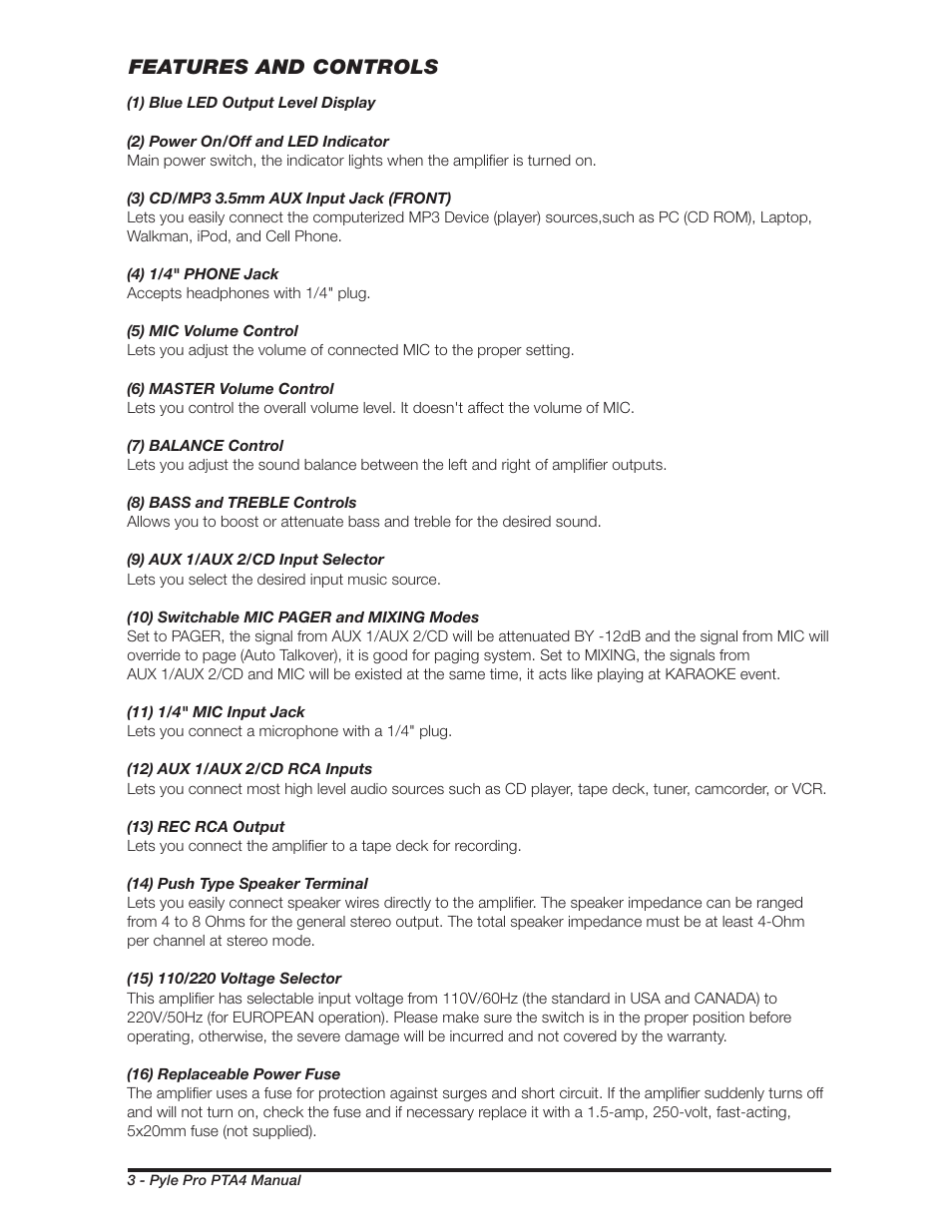 Features and controls | PYLE Audio PTA4 User Manual | Page 4 / 8