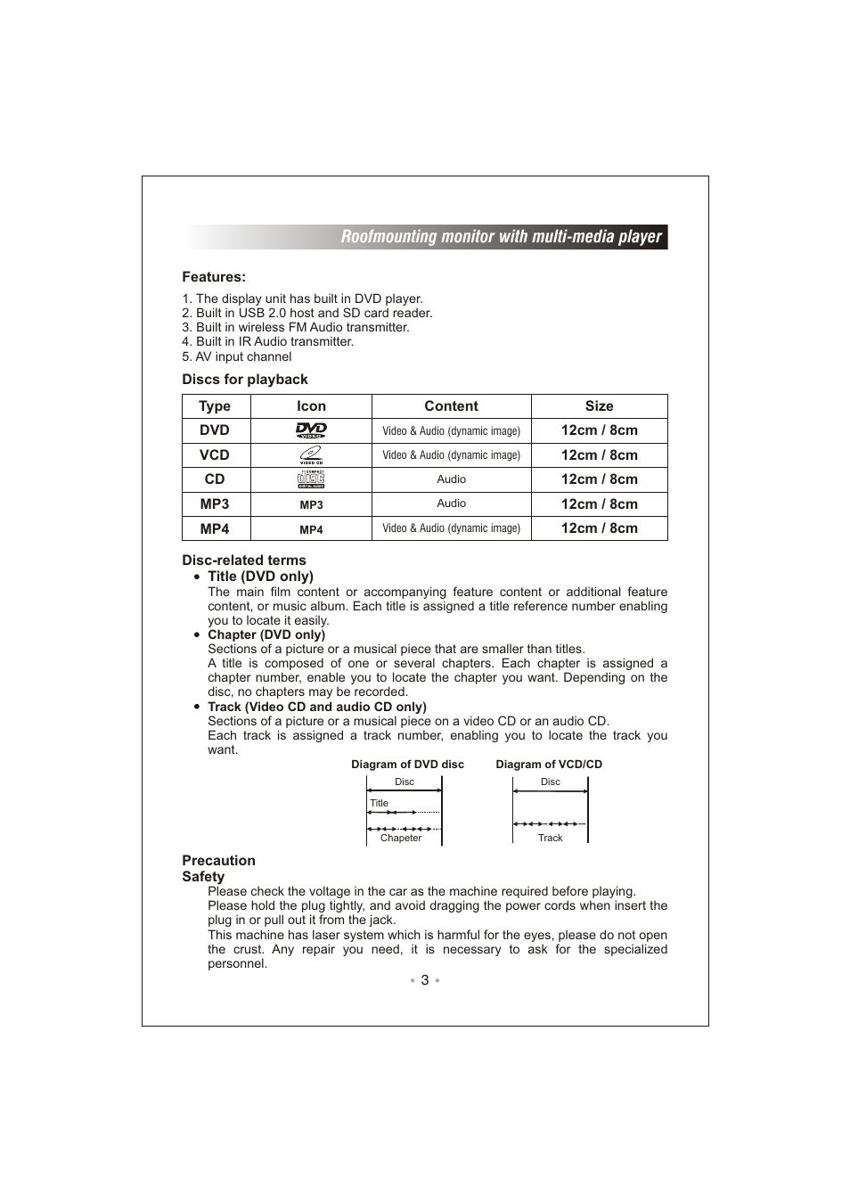 Roofmounting monitor with multi-media player | PYLE Audio PLRD92 User Manual | Page 5 / 24
