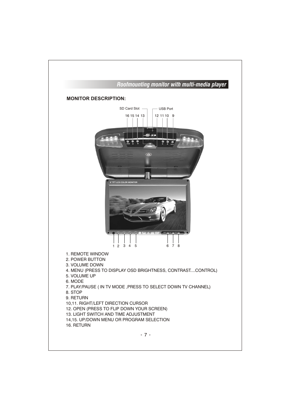 Roofmounting monitor with multi-media player, 7monitor description | PYLE Audio PLRD92 User Manual | Page 9 / 24