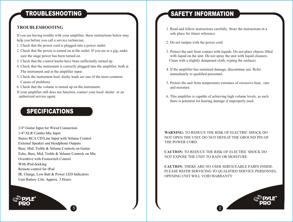 Т³гж 3, Safety information troubleshooting, Specifications | PYLE Audio PPG-630I User Manual | Page 3 / 4