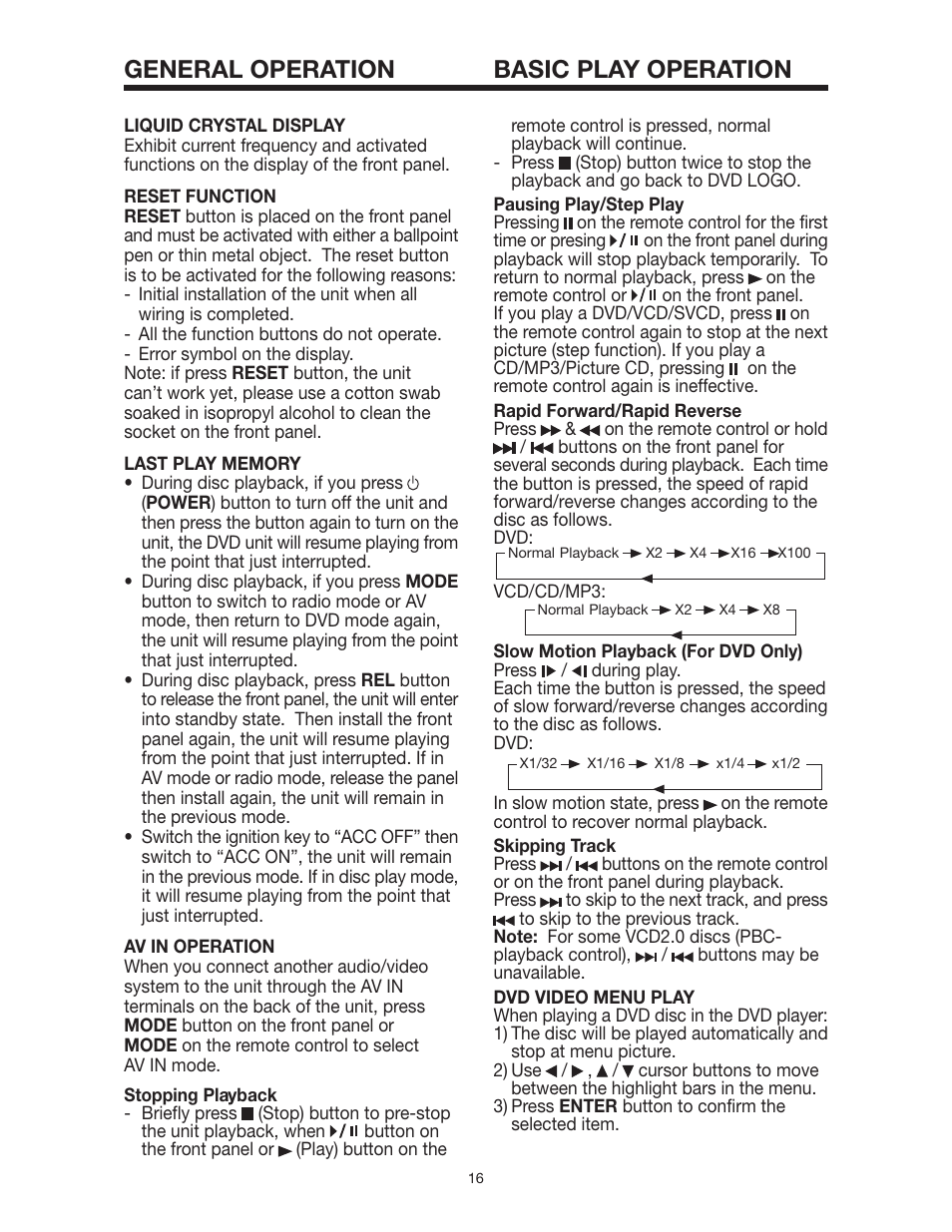 General operation basic play operation | PYLE Audio PLD162 User Manual | Page 16 / 28