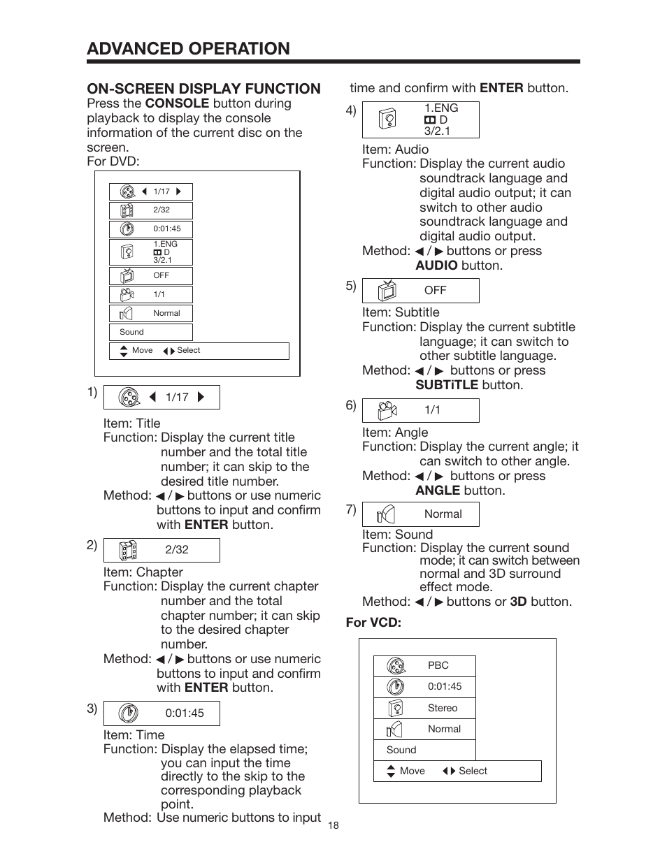 Advanced operation, On-screen display function | PYLE Audio PLD162 User Manual | Page 18 / 28