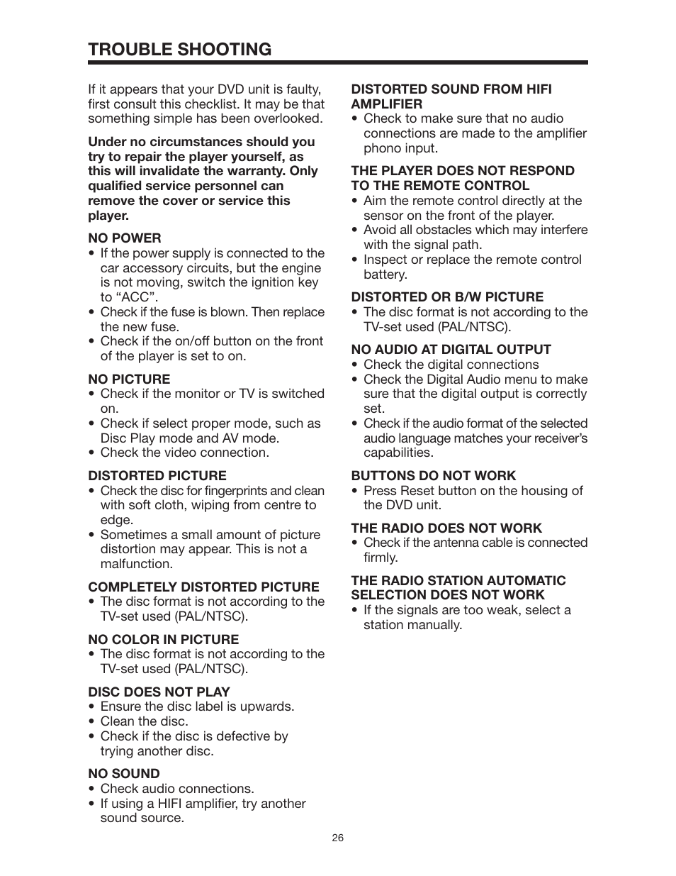 Trouble shooting | PYLE Audio PLD162 User Manual | Page 26 / 28