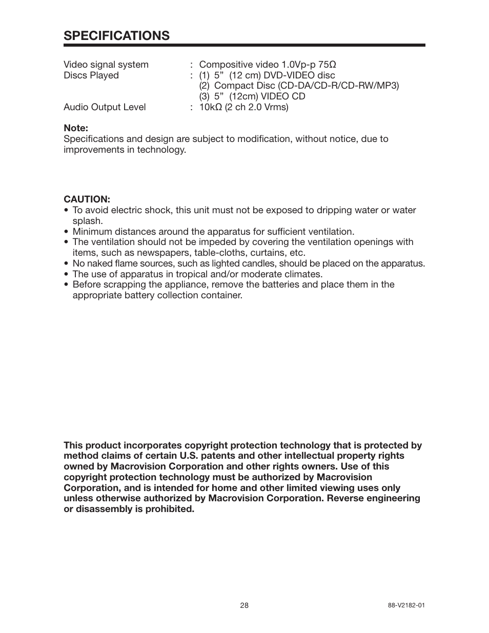 Specifications | PYLE Audio PLD162 User Manual | Page 28 / 28