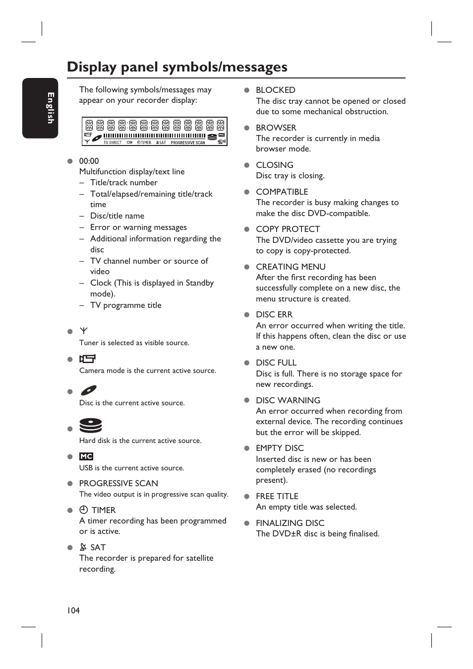 Display panel symbols/messages | PYLE Audio DVDR5520H User Manual | Page 104 / 112