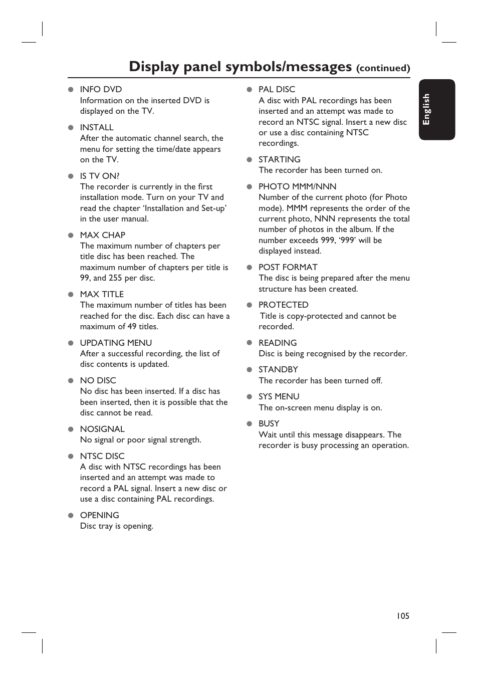 Display panel symbols/messages | PYLE Audio DVDR5520H User Manual | Page 105 / 112