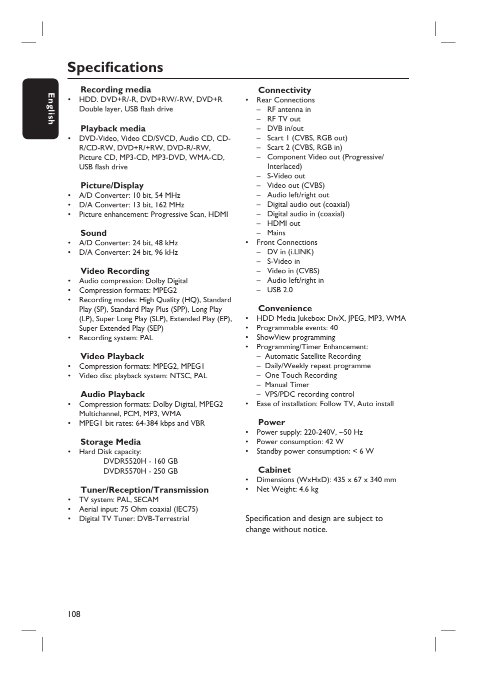 Specifi cations | PYLE Audio DVDR5520H User Manual | Page 108 / 112