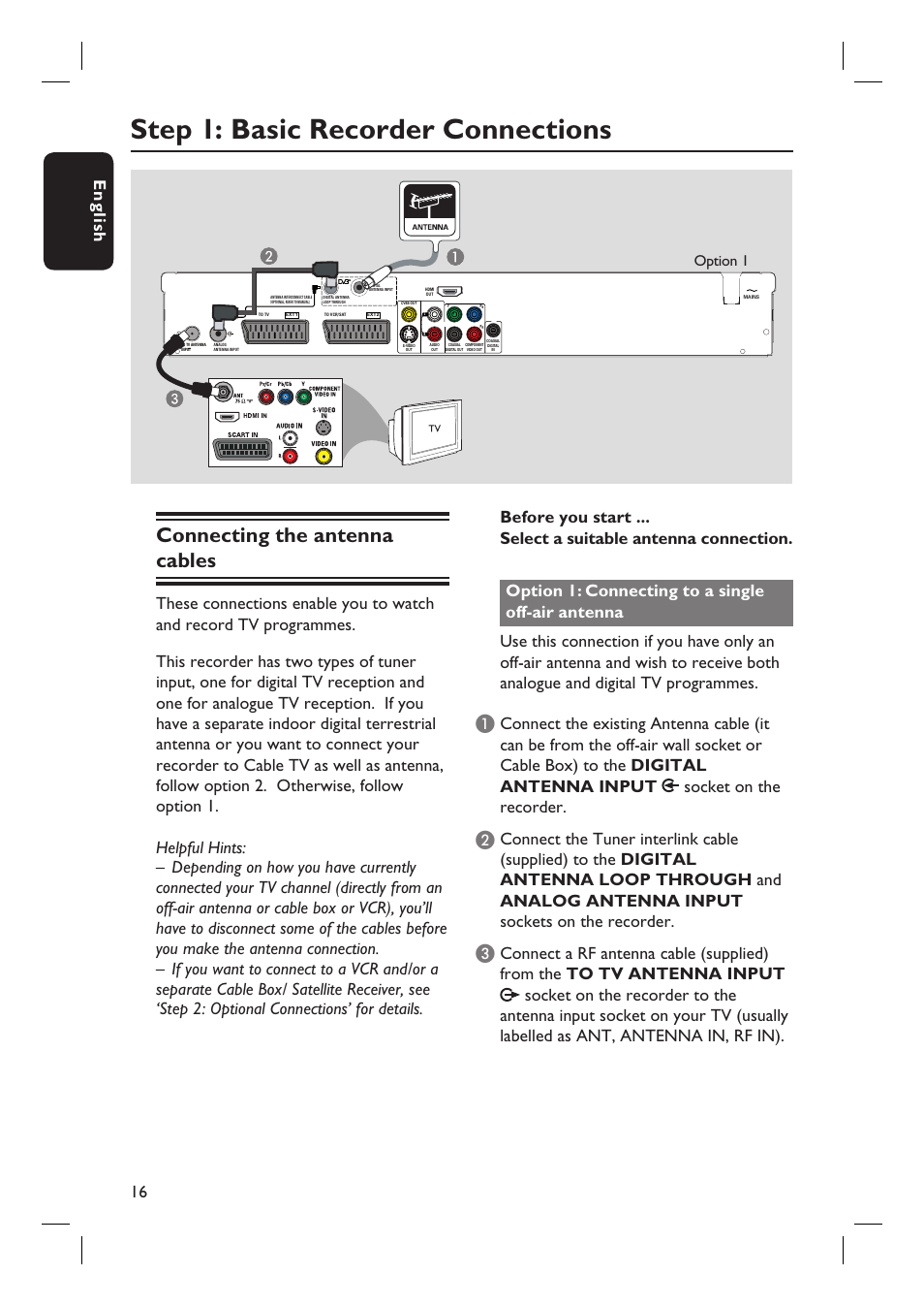 Step 1: basic recorder connections, Connecting the antenna cables, English 16 | Option 1 | PYLE Audio DVDR5520H User Manual | Page 16 / 112