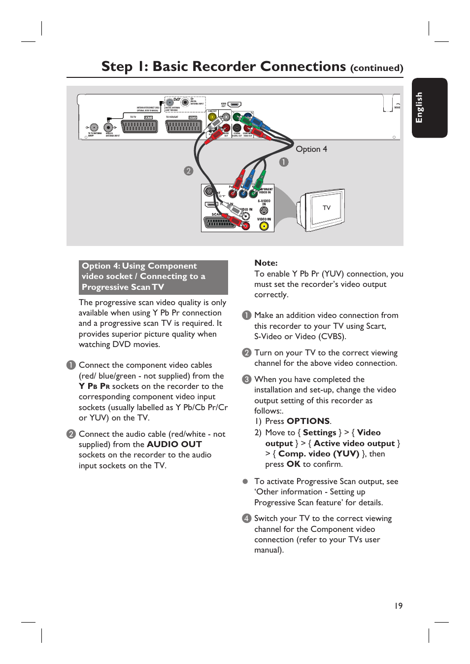 Step 1: basic recorder connections, Continued), English 19 | Option 4 | PYLE Audio DVDR5520H User Manual | Page 19 / 112