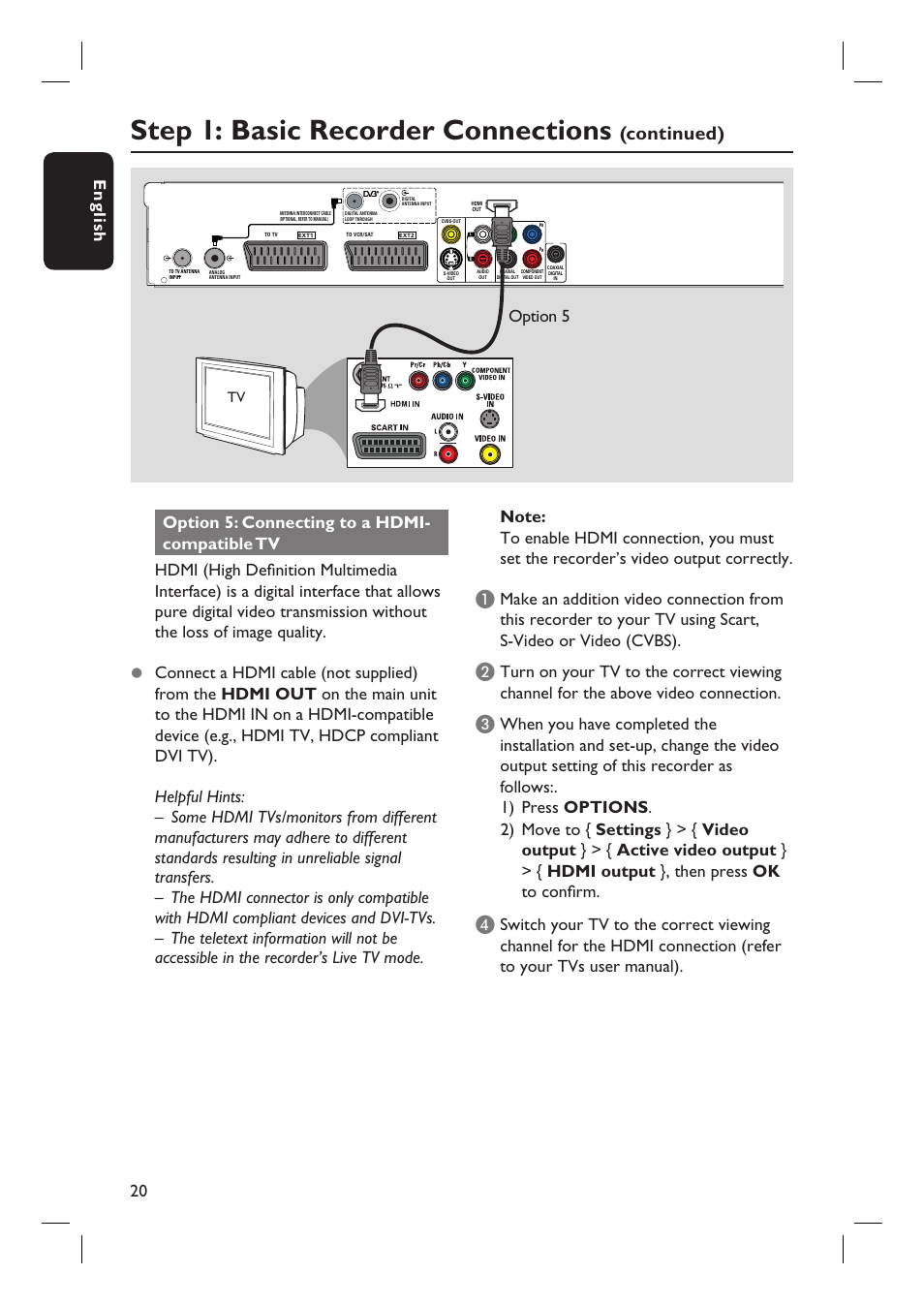 Step 1: basic recorder connections, Continued), English 20 | Option 5 | PYLE Audio DVDR5520H User Manual | Page 20 / 112