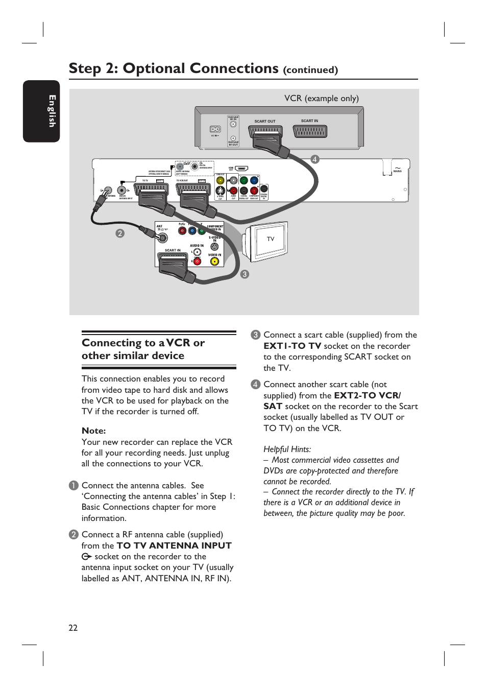 Step 2: optional connections, Connecting to a vcr or other similar device, Continued) | Bc d, English 22, Vcr (example only) | PYLE Audio DVDR5520H User Manual | Page 22 / 112