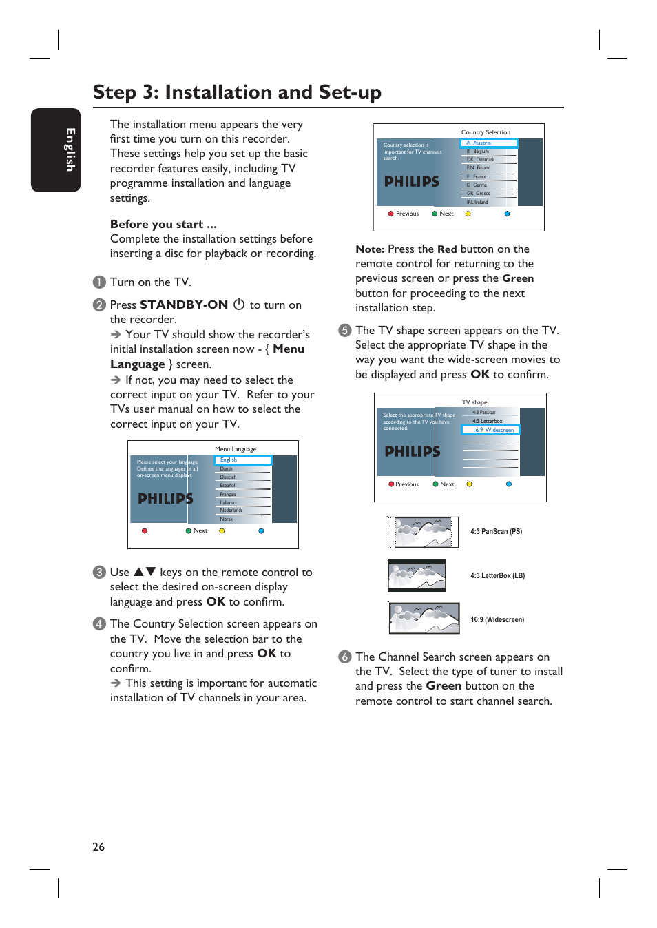 Step 3: installation and set-up, English 26, Turn on the tv | Press the | PYLE Audio DVDR5520H User Manual | Page 26 / 112