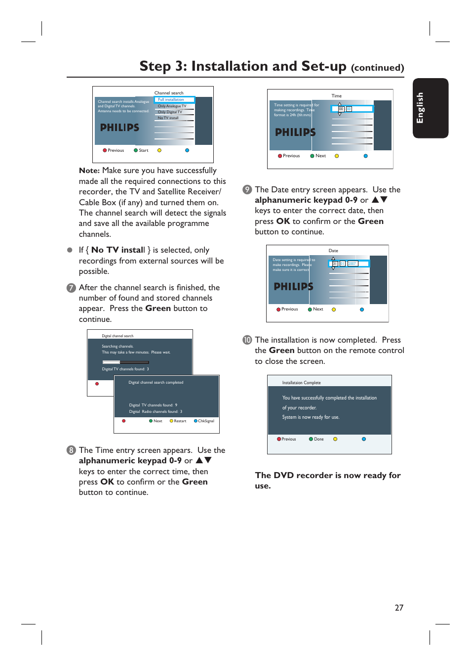 Step 3: installation and set-up, Continued), English 27 | The dvd recorder is now ready for use | PYLE Audio DVDR5520H User Manual | Page 27 / 112