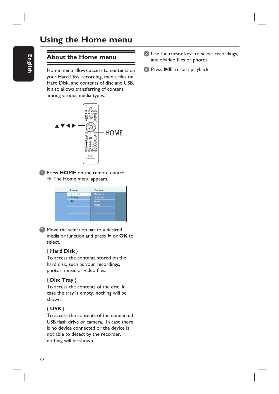 Using the home menu, About the home menu | PYLE Audio DVDR5520H User Manual | Page 32 / 112