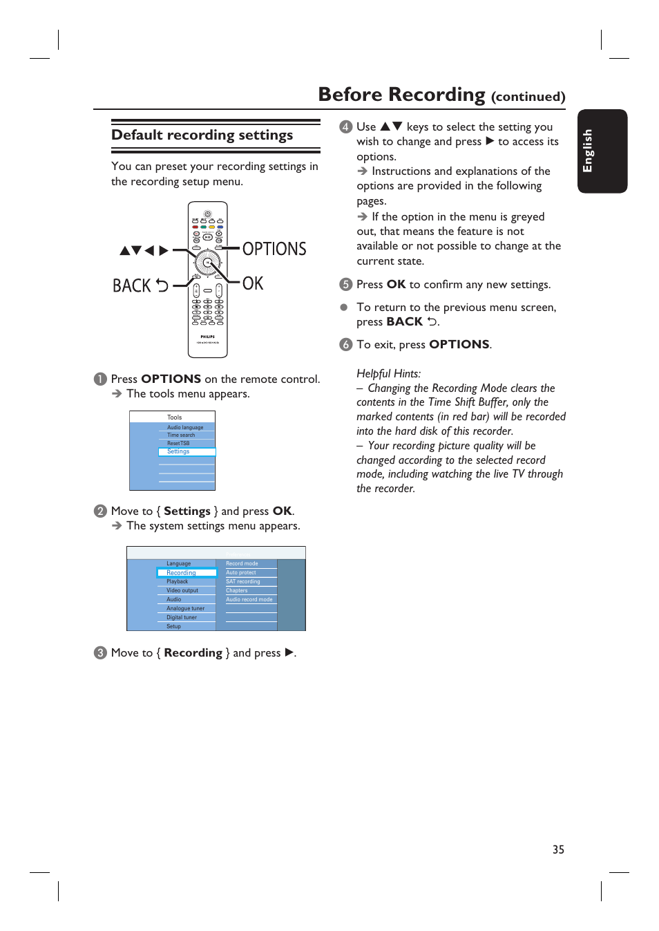 Before recording, Default recording settings, Continued) d | PYLE Audio DVDR5520H User Manual | Page 35 / 112