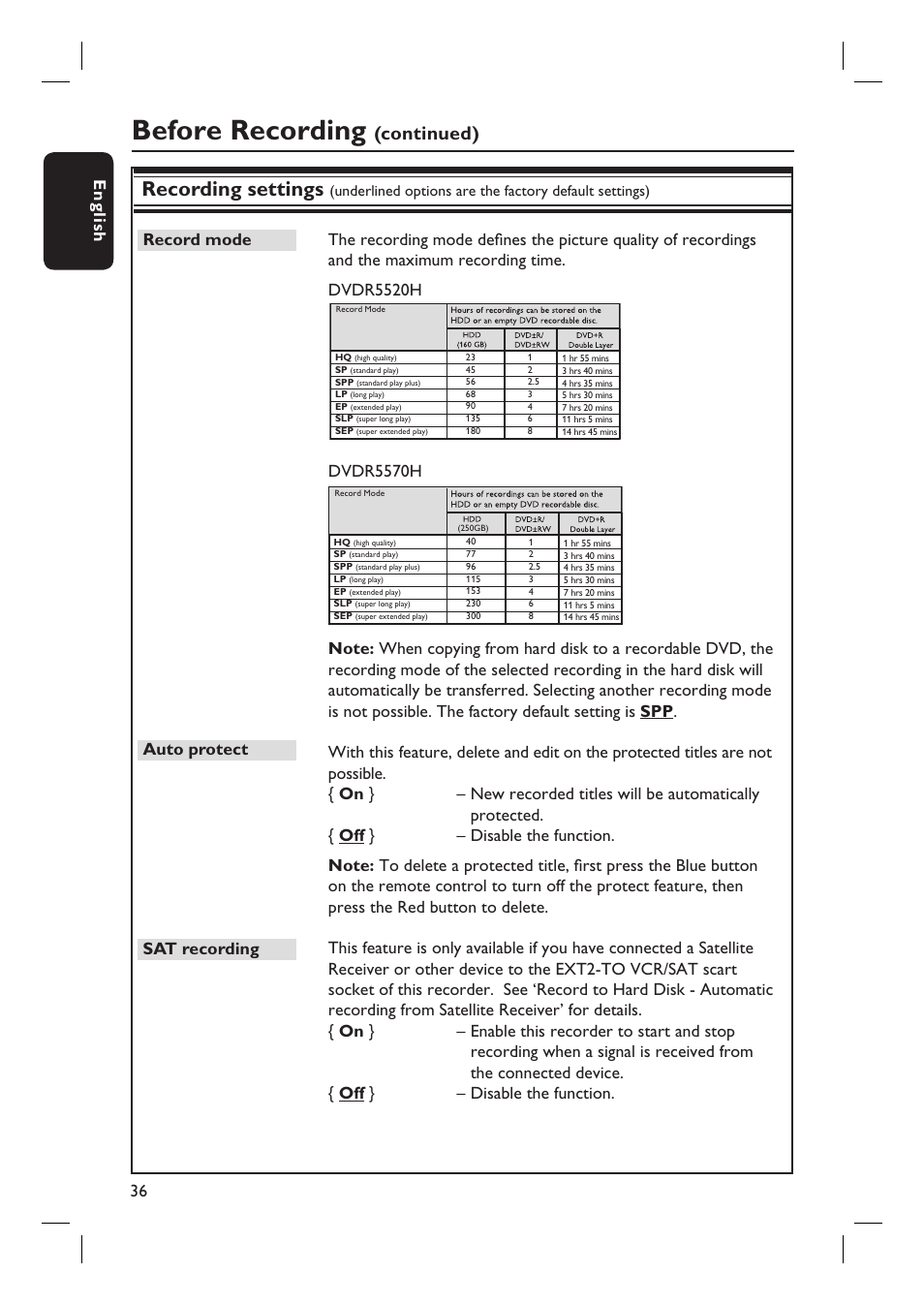 Before recording, Recording settings, Continued) | English 36, Dvdr5570h | PYLE Audio DVDR5520H User Manual | Page 36 / 112