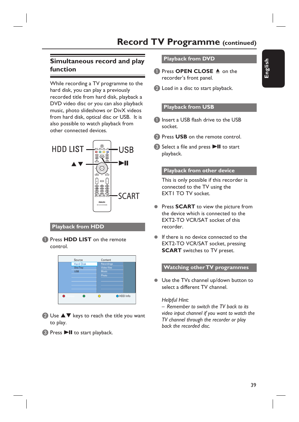 Record tv programme, Simultaneous record and play function, Continued) | PYLE Audio DVDR5520H User Manual | Page 39 / 112