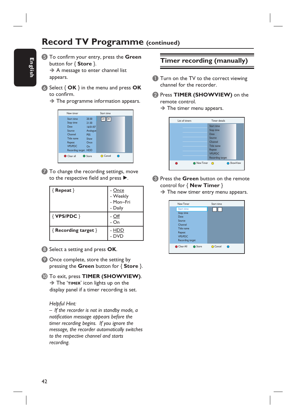 Record tv programme, Timer recording (manually), Continued) e | PYLE Audio DVDR5520H User Manual | Page 42 / 112
