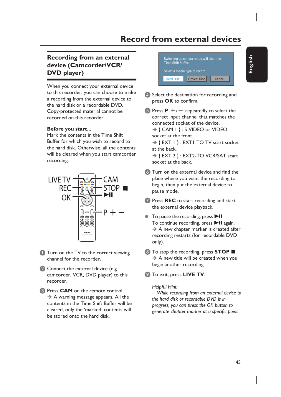 Record from external devices | PYLE Audio DVDR5520H User Manual | Page 45 / 112