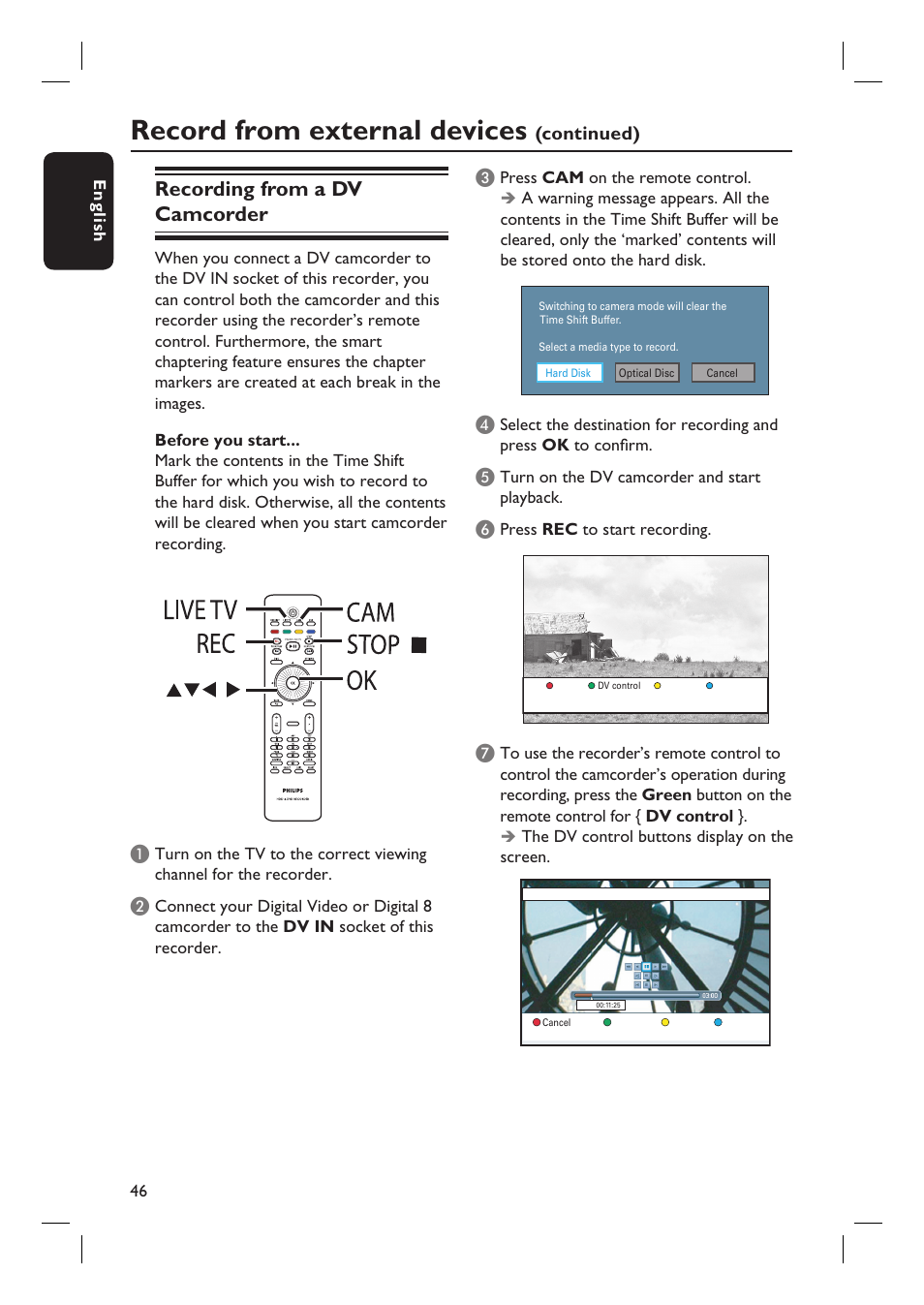 Record from external devices, Recording from a dv camcorder, Continued) c | PYLE Audio DVDR5520H User Manual | Page 46 / 112