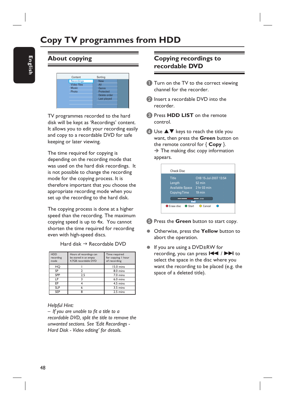 Copy tv programmes from hdd, About copying, Copying recordings to recordable dvd | PYLE Audio DVDR5520H User Manual | Page 48 / 112