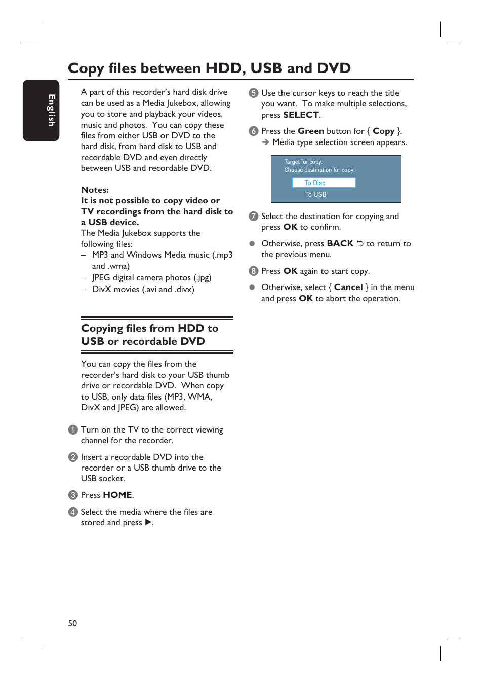 Copy fi les between hdd, usb and dvd, Copying fi les from hdd to usb or recordable dvd | PYLE Audio DVDR5520H User Manual | Page 50 / 112