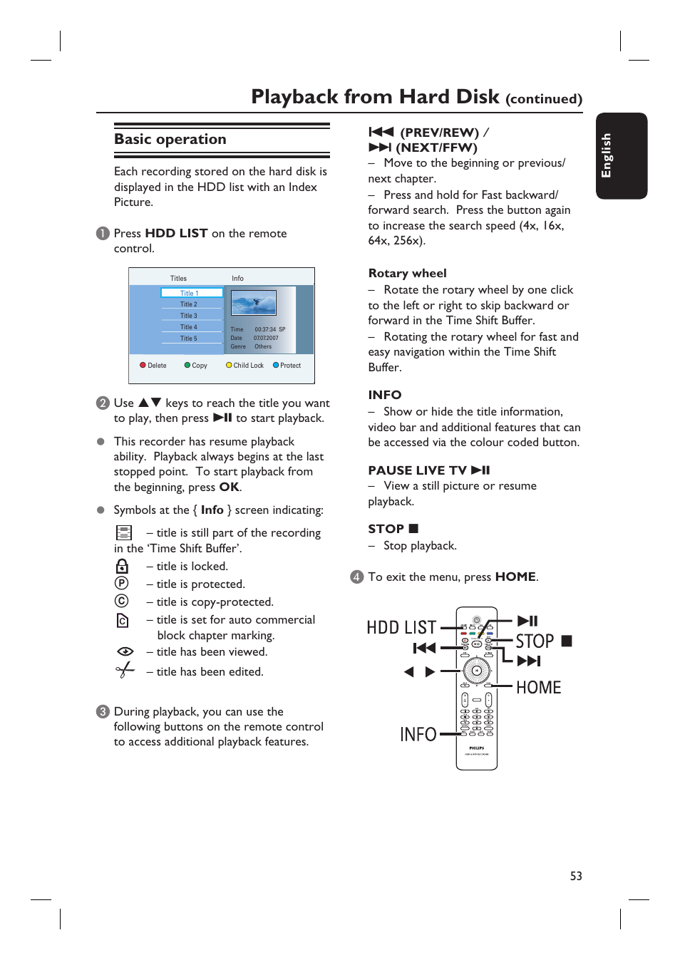 Playback from hard disk, Basic operation, Continued) | PYLE Audio DVDR5520H User Manual | Page 53 / 112