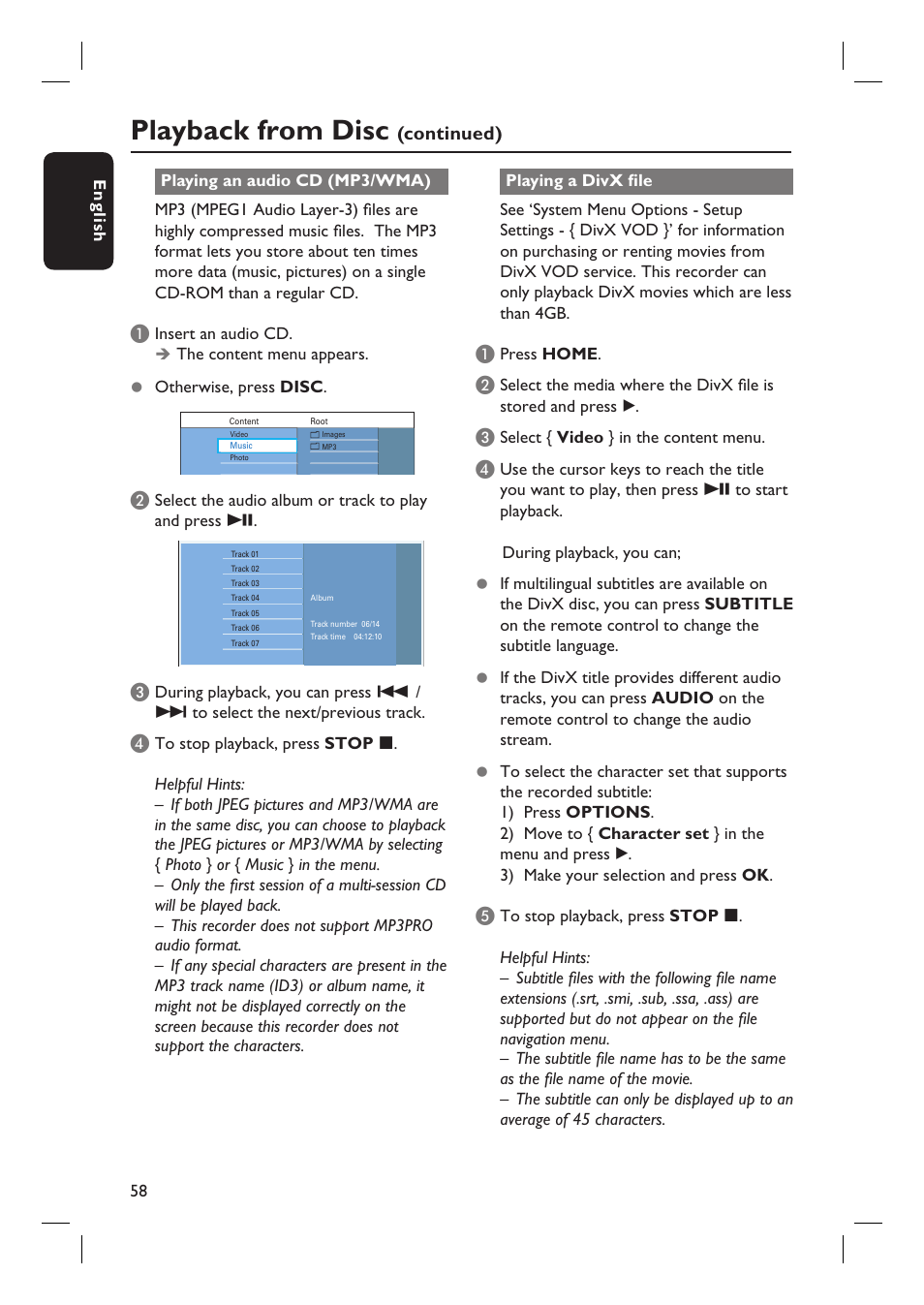 Playback from disc, Continued) | PYLE Audio DVDR5520H User Manual | Page 58 / 112