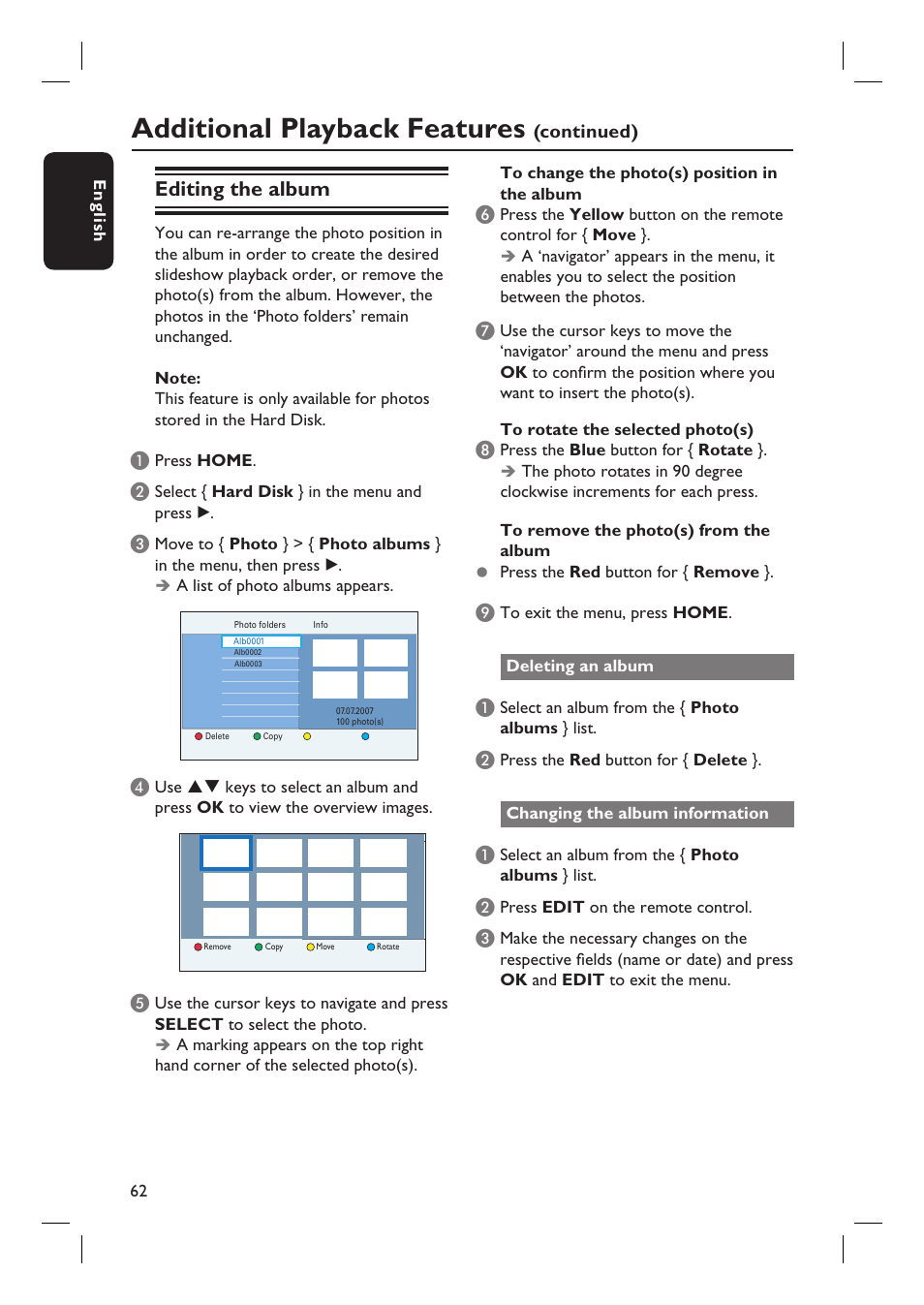 Additional playback features, Editing the album | PYLE Audio DVDR5520H User Manual | Page 62 / 112