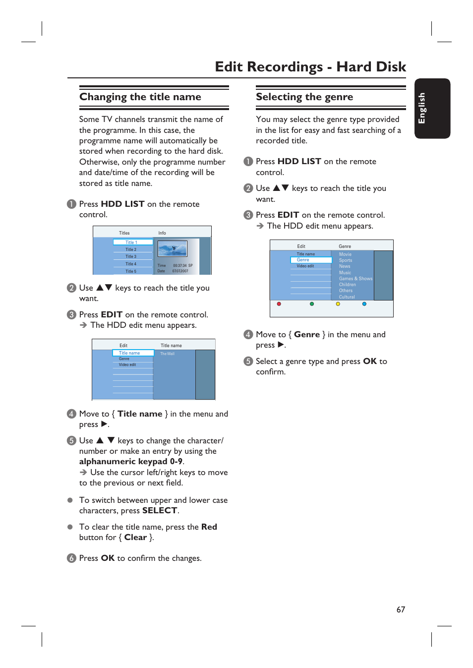 Edit recordings - hard disk, Changing the title name, Selecting the genre | PYLE Audio DVDR5520H User Manual | Page 67 / 112