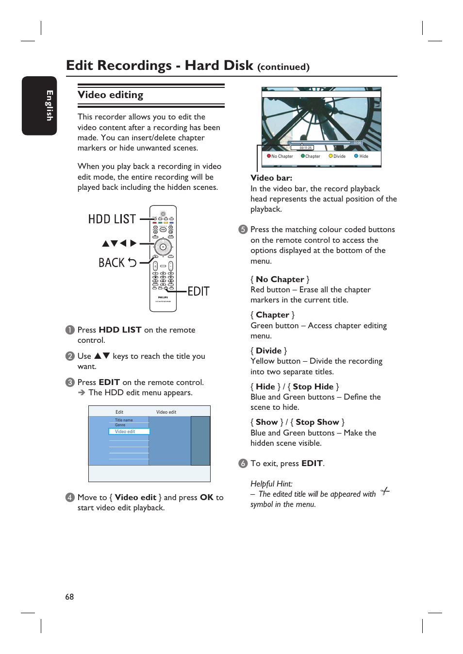 Edit recordings - hard disk, Video editing, Continued) | PYLE Audio DVDR5520H User Manual | Page 68 / 112