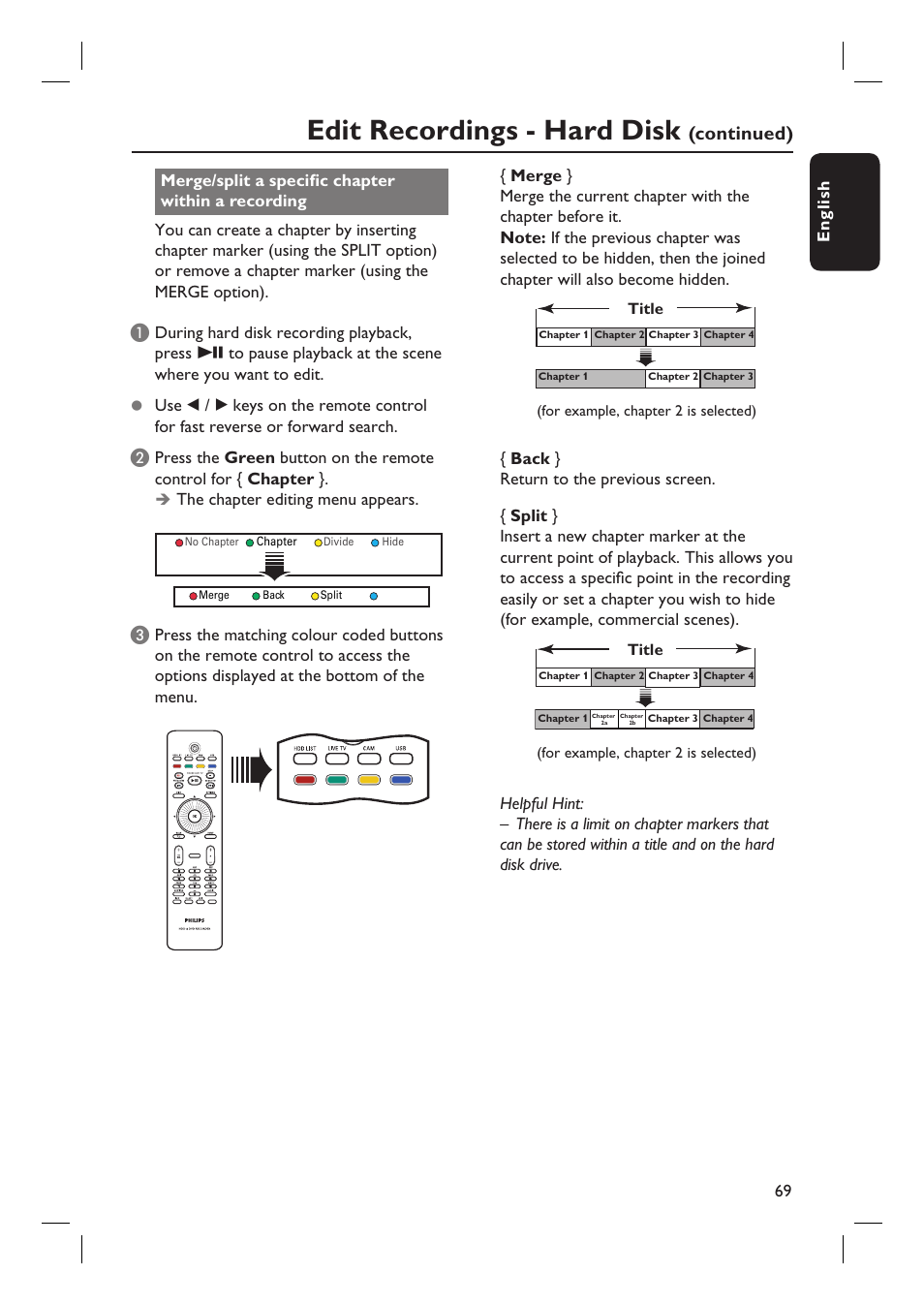 Edit recordings - hard disk, Continued) | PYLE Audio DVDR5520H User Manual | Page 69 / 112