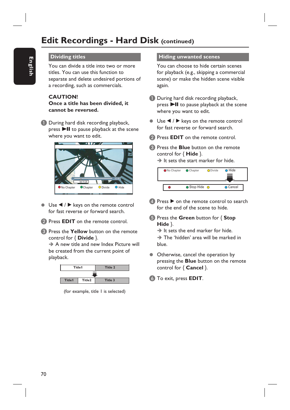 Edit recordings - hard disk, Continued) | PYLE Audio DVDR5520H User Manual | Page 70 / 112