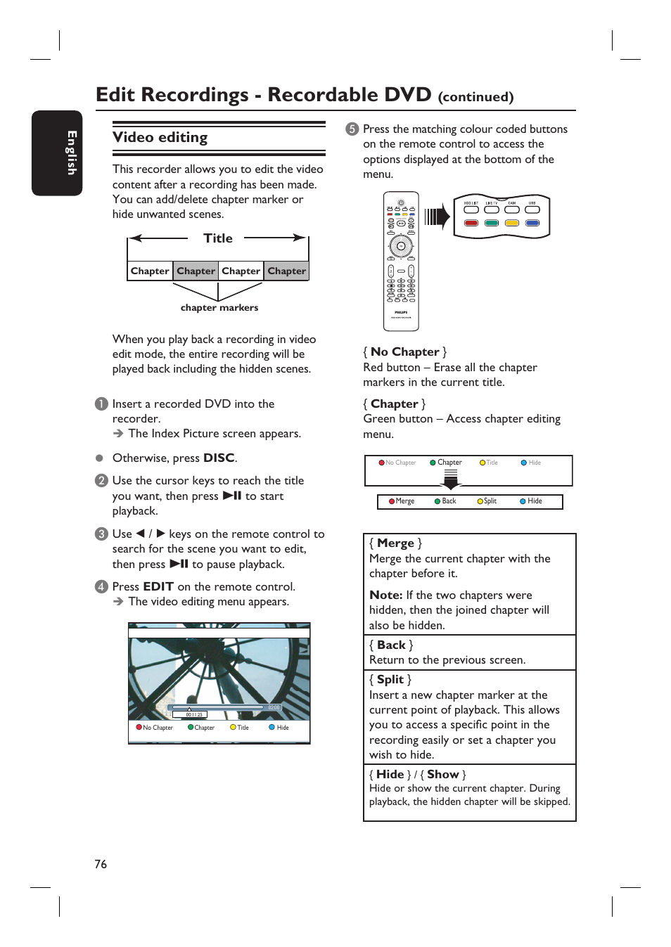 Edit recordings - recordable dvd, Video editing, Continued) | Title | PYLE Audio DVDR5520H User Manual | Page 76 / 112