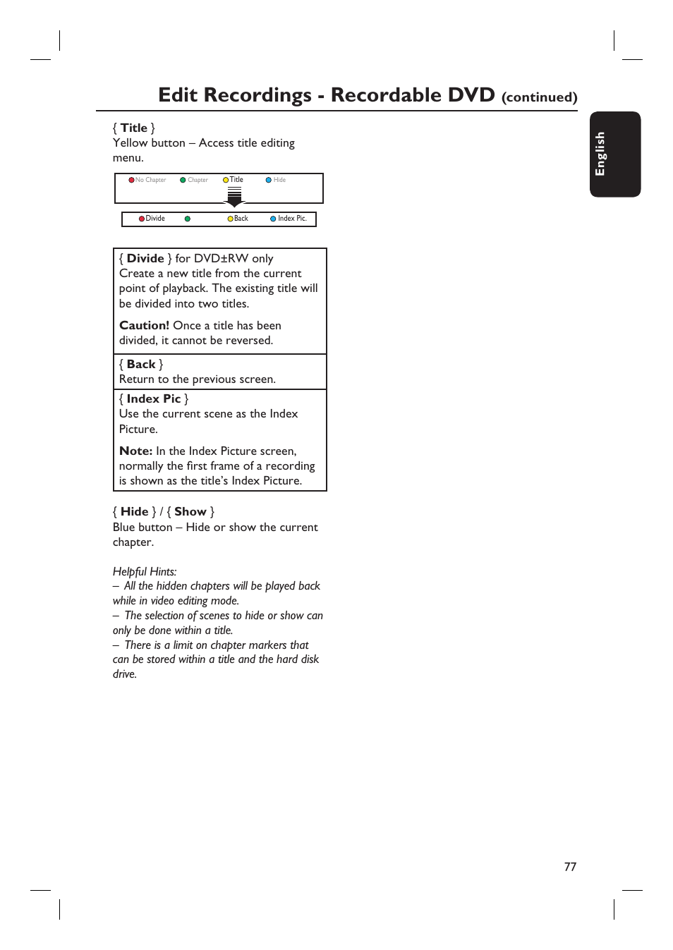 Edit recordings - recordable dvd, Continued) | PYLE Audio DVDR5520H User Manual | Page 77 / 112