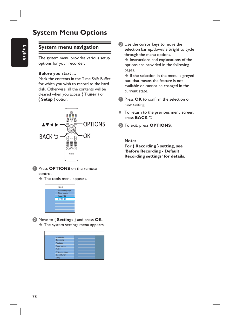 System menu options, System menu navigation | PYLE Audio DVDR5520H User Manual | Page 78 / 112
