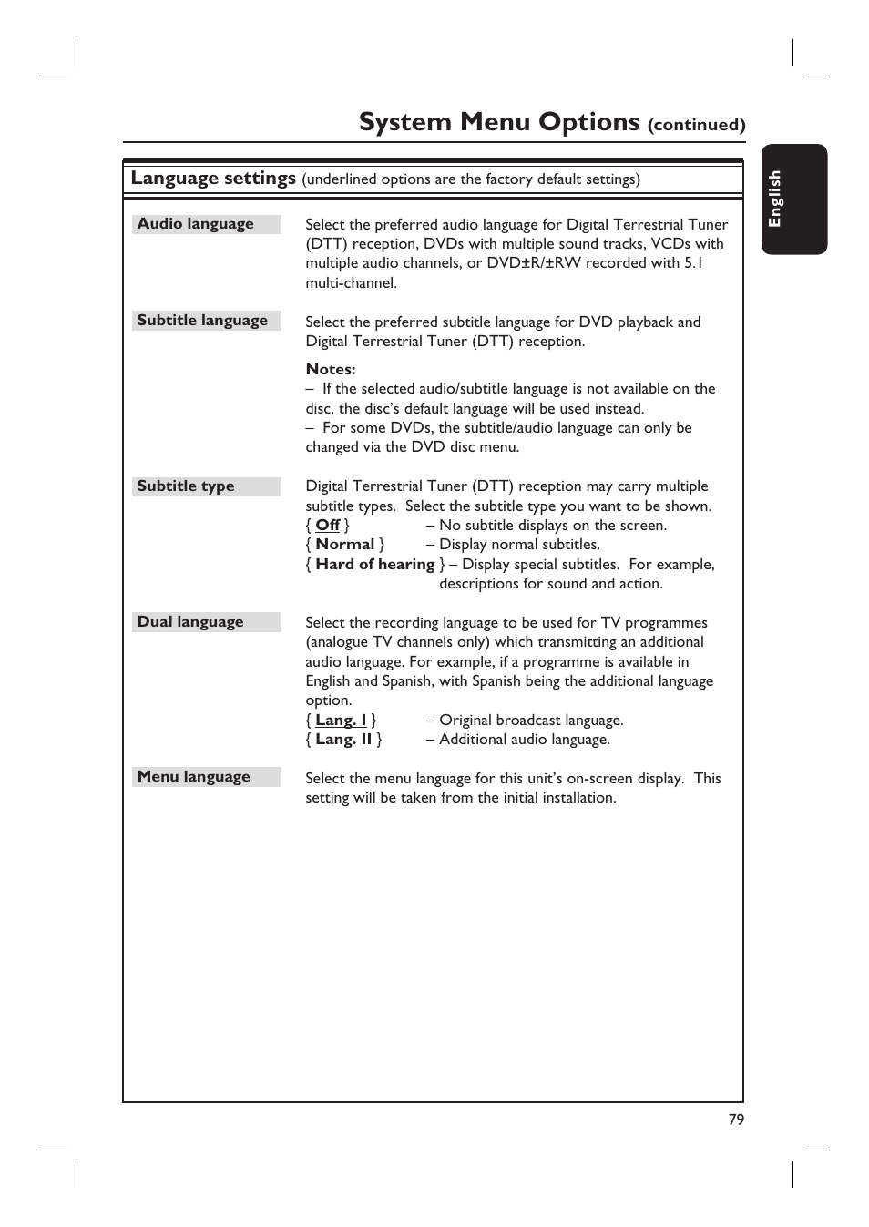 System menu options | PYLE Audio DVDR5520H User Manual | Page 79 / 112