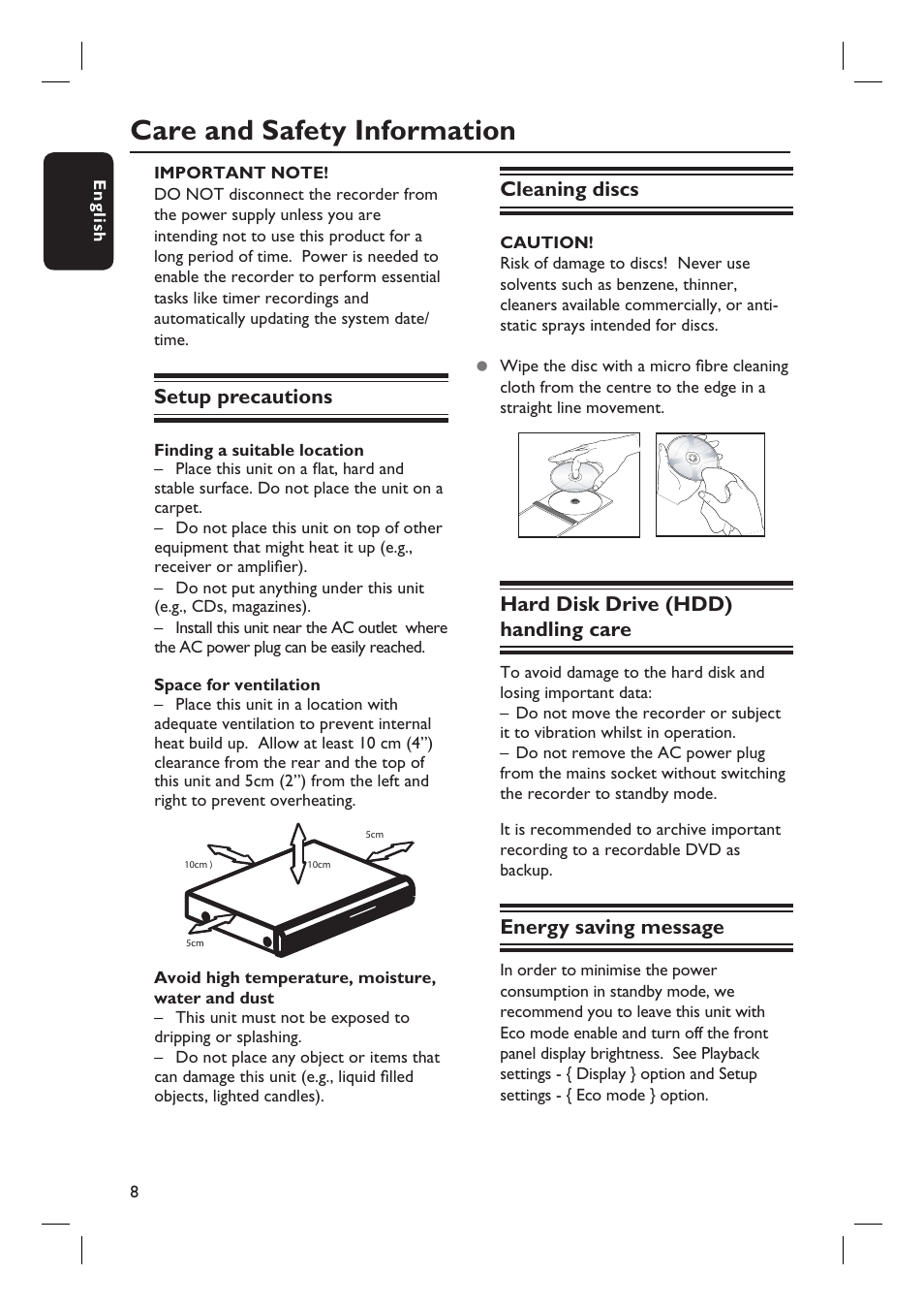 Care and safety information, Cleaning discs, Hard disk drive (hdd) handling care | Energy saving message, Setup precautions | PYLE Audio DVDR5520H User Manual | Page 8 / 112