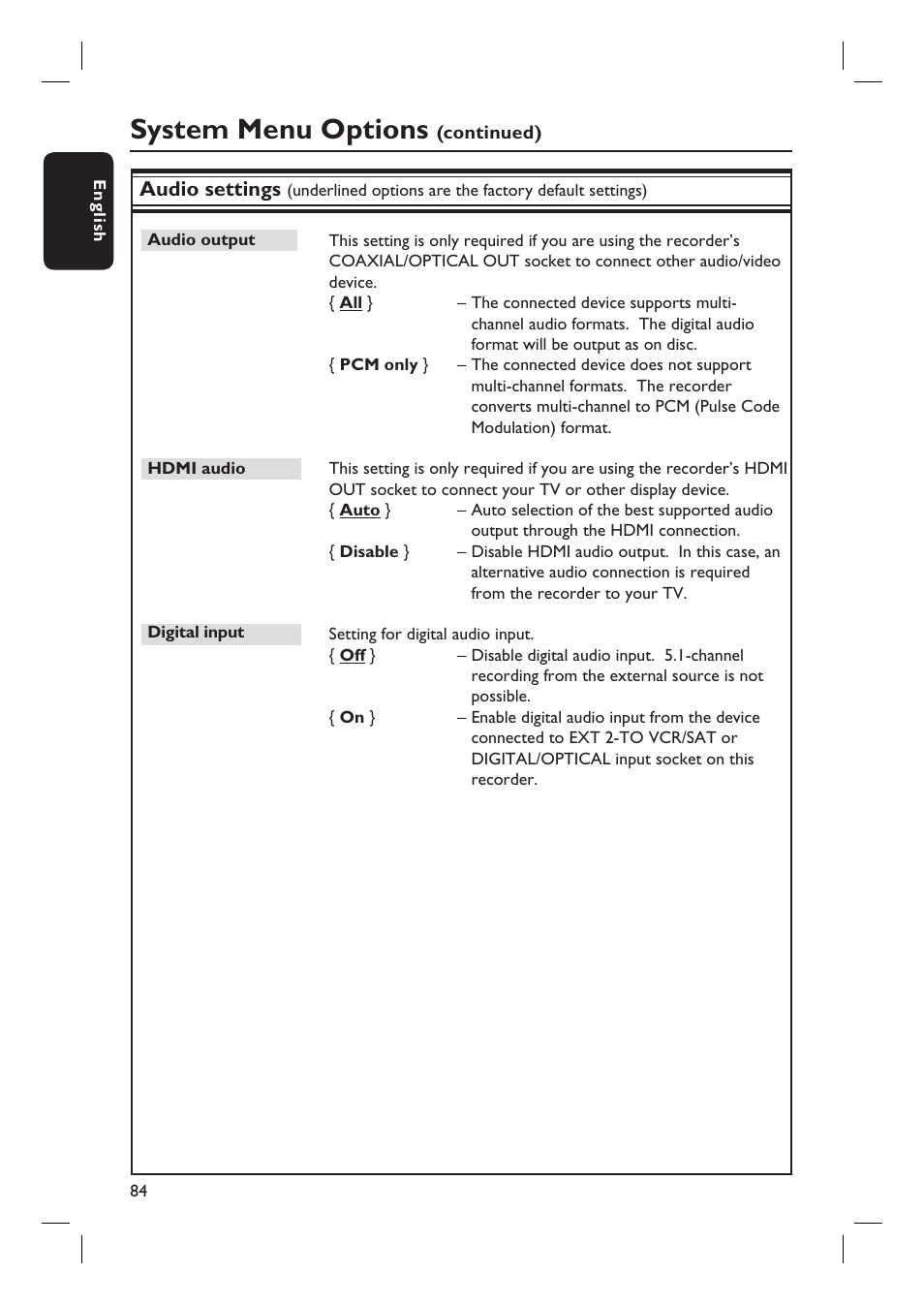 System menu options | PYLE Audio DVDR5520H User Manual | Page 84 / 112