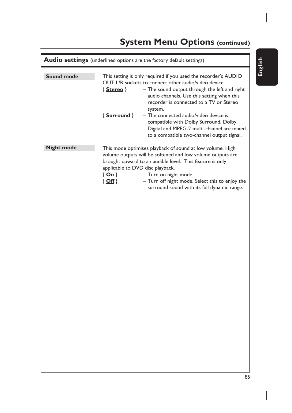 System menu options | PYLE Audio DVDR5520H User Manual | Page 85 / 112